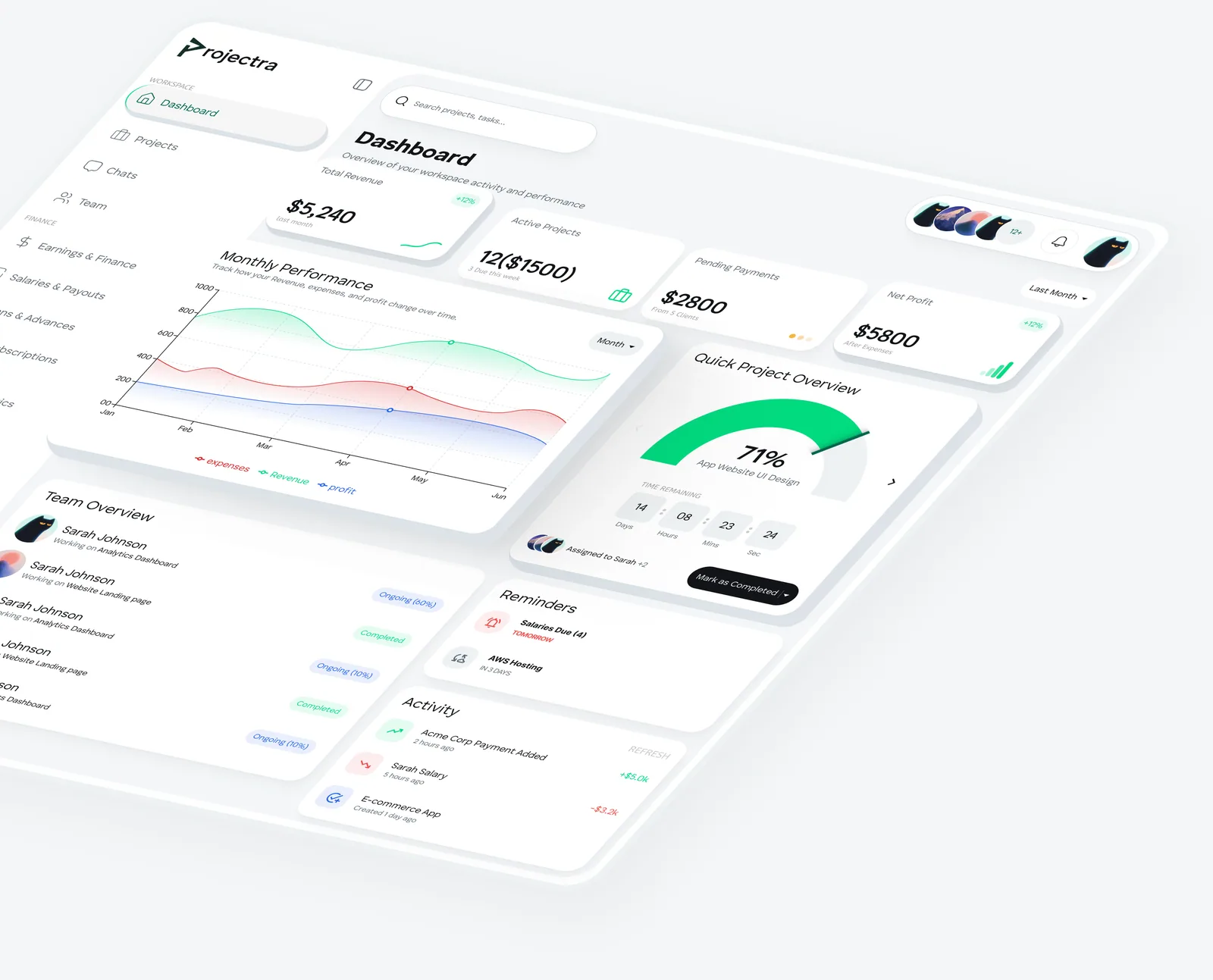 Projectra dashboard overview showing projects, revenue and team activity